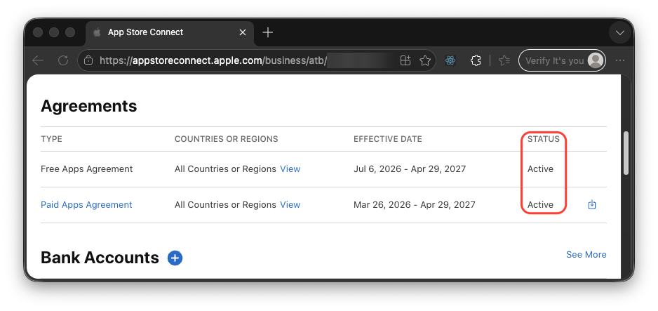 The Business tab, with the Status column highlighted showing both agreements Active