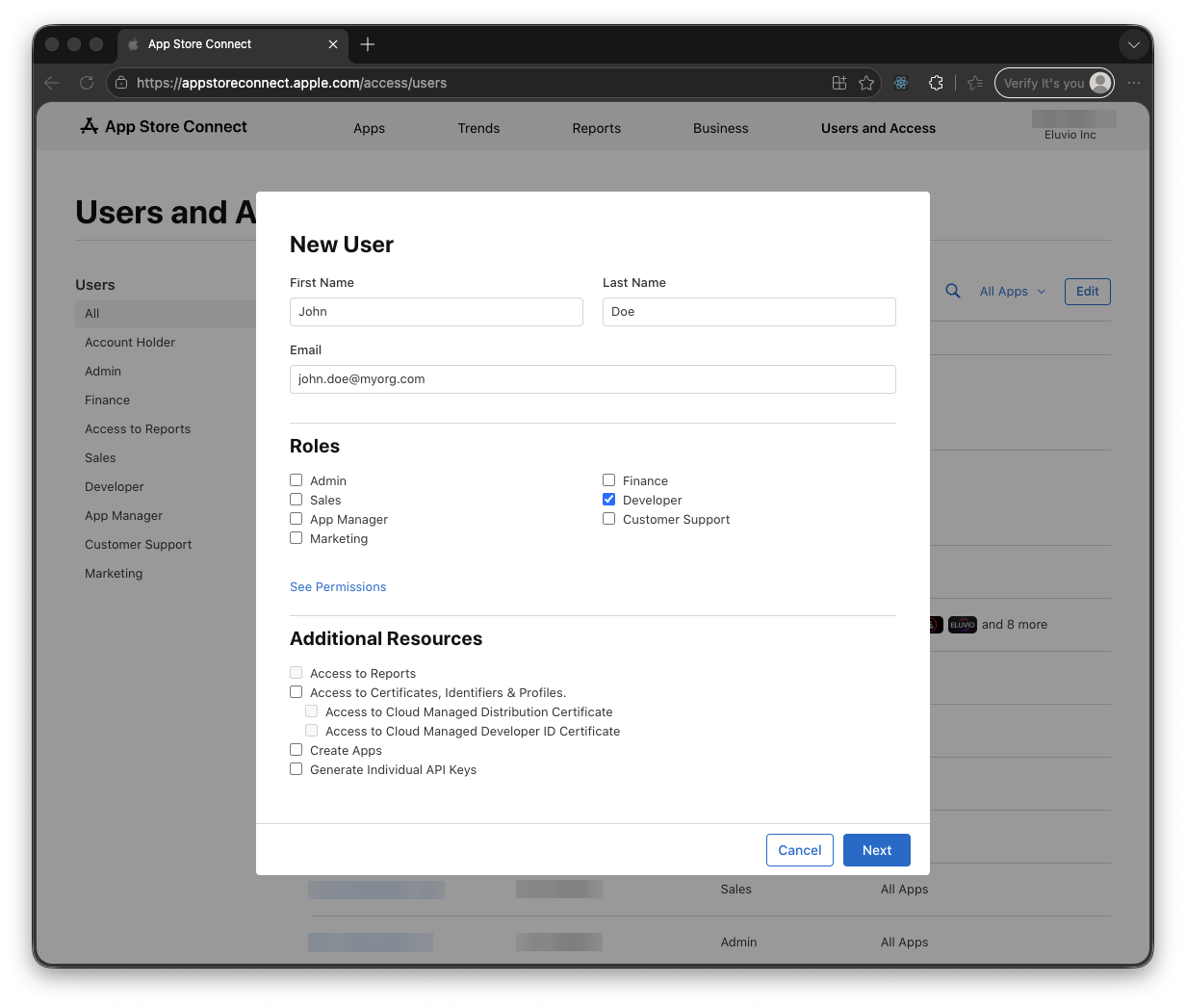 Assigning roles to the new user