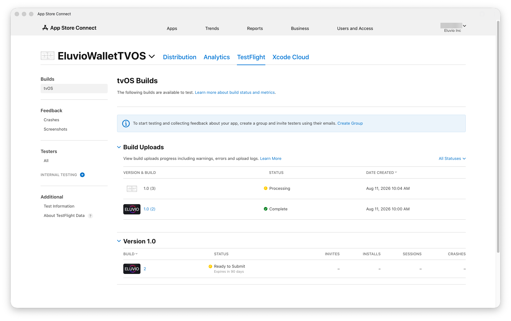 Build processing in TestFlight