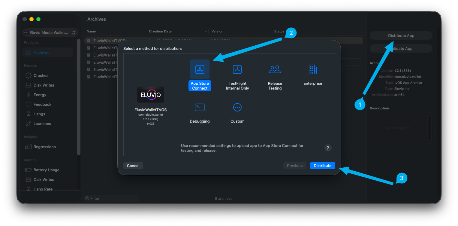 The distribution method sheet, with App Store Connect selected