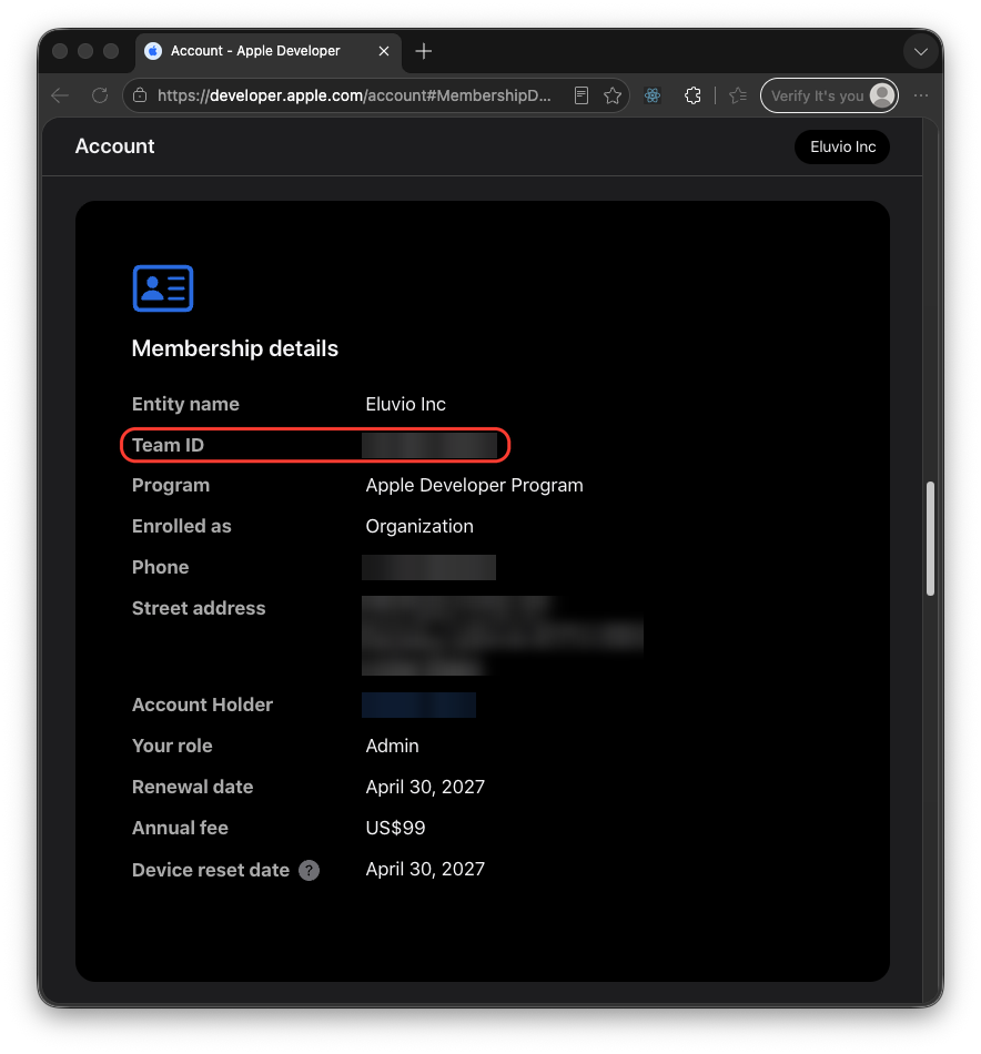 Membership details showing Team ID
