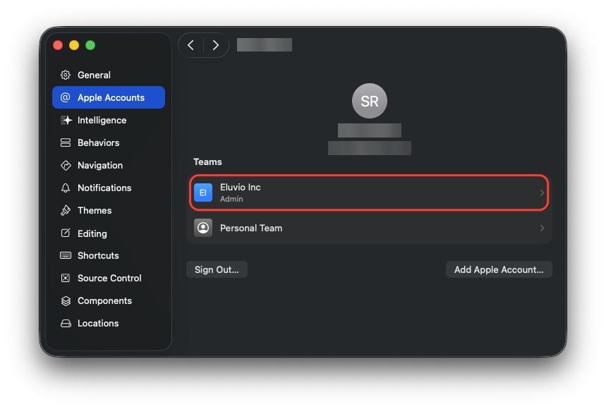 Xcode Settings, Apple Accounts, with the organization listed under Teams